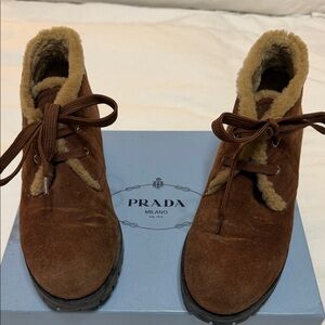 Prada Brown Suede Chukka Ankle Boots with Fur 39